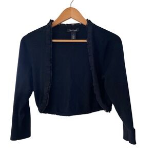 White House Black Market Black Ruffle Trim Cropped Cardigan Bolero Sweater M